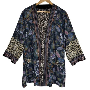 John Mark Reversible Kimono Jacket Large Black Floral Leopard Velvet Trim Boho - Picture 1 of 8