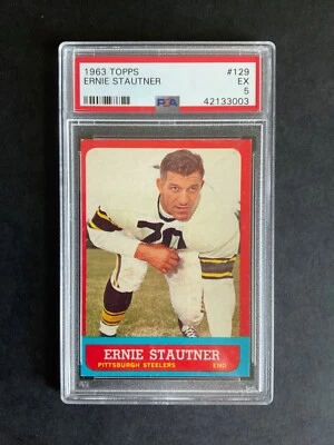 ERNIE STAUTNER 1963 TOPPS FOOTBALL CARD #129 PITT STEELERS HALL OF FAMER PSA 5  - Image 1 of 2