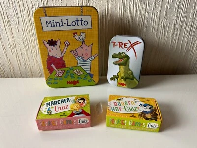 4 x Mini Spiele Haba Mini-Lotto T-Rex Märchen Quiz Bauernhof Quiz Moses Verlag - Bild 1 von 4