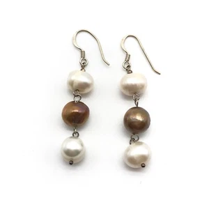 925 Sterling Silver Genuine Multicolor Large 9mm Pearl Vintage Drop Earrings - Picture 1 of 4
