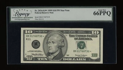 DBR 1999 $10 FRN Dallas STAR Gem Fr. 2034-K* Legacy 66 PPQ Serial BK01768730* - Image 1 of 2
