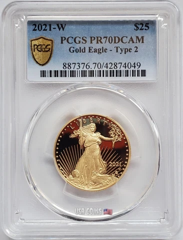 2021-W $25 AMERICAN EAGLE Type 2 PCGS PR70DCAM Gold Shield 1/2 Oz Gold Coin Cover