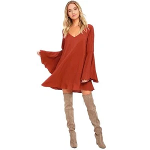 Lulu’s Something Magical Rust Red Long Bell Sleeve Shift Dress size XS Xsmall - Picture 1 of 16