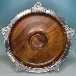 Reba Wood And Silver Metal Chip And Dip Serving Platter 12.5” Made in India - Picture 1 of 9
