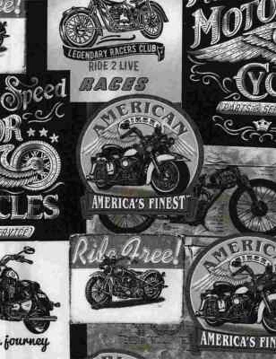 Timeless Treasures Vintage Old Motorcycle Signs #2  100% Cotton Quilt Fabric BTY - Image 1 of 2