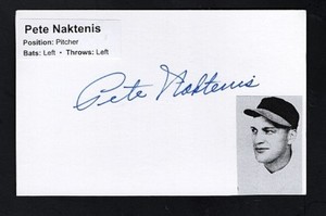 1939 PETE NAKTENIS-CINCINNATI REDS AUTOGRAPHED  3.5 X5 CARD W/ PIX-(d.2007)
