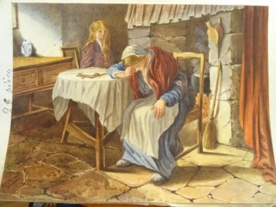 A.B WOOD (XIX) DESSIN AQUARELLE SCENE INTERIEUR FEMME ROMANTISME ENGLAND HOLL - Photo 1/4