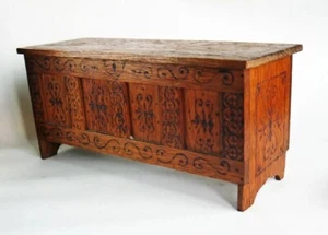 Miniature Antique Golden Oak Arts & Crafts Folk Art Pokerwork Coffer Box c1899 - Picture 1 of 5
