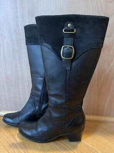 CLARKS Black Leather Zip Buckle Knee High Fashion Boots Style 62752 (Size 5.5 M) - Picture 1 of 10
