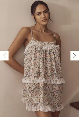 Женское мини-платье для сна Anthropologie с кружевной отделкой с оборками размер XL без рукавов цветочный узор цвет слоновой кости - Изображение 1 из 4