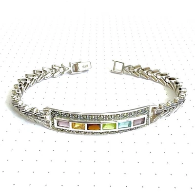 PULSERA Multi-Piedras Topacio Amatista Granate Marcasita PLATA ESTERLINA 925 7.25"L Foto 1 de 4