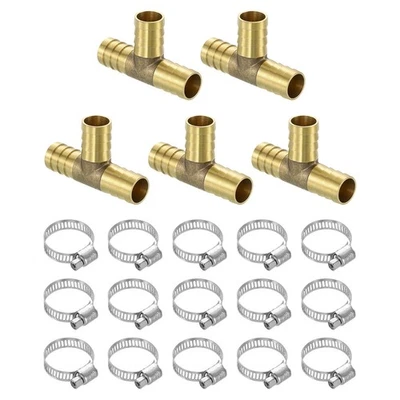 5pcs Brass Hose Barb Fittings 3-Way Tee 5/8" x 5/8" x 5/8" Barbed - Image 1 of 4