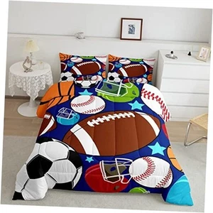 Kids Sports Comforter Set Football Basketball Tennis Baseball Bedding Boys - Picture 1 of 6
