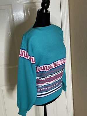 Vintage 80s/90s Turquoise Pink Stripe Patterned Sweater Medium - Imagem 1 de 4