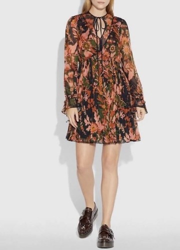 Abito Coach taglia 0 stampa floreale a pieghe metalliche cravatta a maniche lunghe