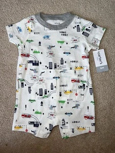 One Piece - Carter's - White Multi - Trucks/Cars -Short Sleeve/Shorts- 6M NWT - Picture 1 of 7