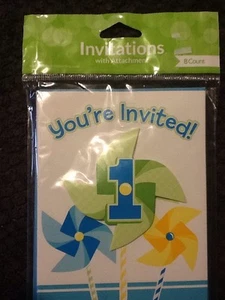 Creative Converting Boy Turning One 1st Birthday Pinwheels Invitations 8ct. Part - Picture 1 of 4