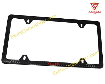 Audi Red Text & Silver Rings 4 Hole Slim Carbon Fiber License Plate Frame  - Image 1 of 2