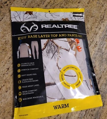 RealTree Youth Size S Base Layer Top & Pants Set White Camo Sticks &Leaves NIP - Image 1 of 4