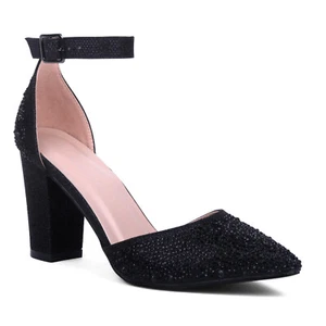 BLACK GLITTER Size 7.5 Ankle Strap Women Shoes Heel Modern Casual Dressy Outfit - Picture 1 of 4
