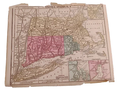 1866 Hand-Colored Map of "United States No. 2" MA CT RI Approx   11" x 9" #20825 - Image 1 of 4