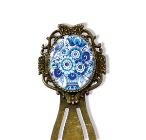 Pretty Delft Art Floral Bird Bookmark Book Lover Metal Oval Glass Librarian Gift - Picture 1 of 4