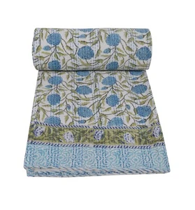 New Beautiful Hand Block King Size Cotton Kantha Quilt Handmade Blanket Throw - Picture 1 of 8
