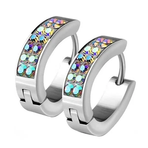 Rainbow Cubic Zirconia 316L Surgical Stainless Steel Small Huggie Hoop Earrings - Picture 1 of 4