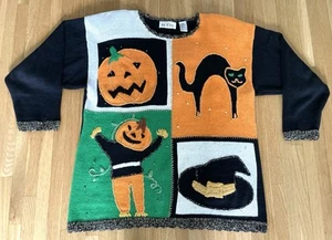 VTG Halloween Bedazzled Sweater- Womens L/XL- Black Cat Pumpkin Witch- Cotton - Picture 1 of 17