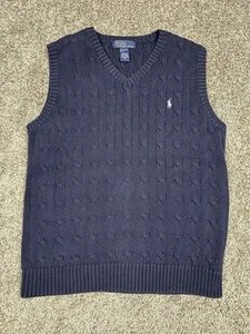 Boys Polo Ralph Lauren Cable Knit Sweater Vest M 12 / 14 Navy V Neck - Picture 1 of 7