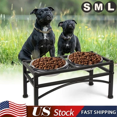 Stainless Steel Double Elevated Raised Dog Pet Feeder Bowl Food Water Stand Tray - Image 1 of 4