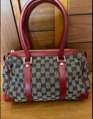 GUCCI Mini Boston Bag Handbag Tote Bag GG Pattern Leather Red Used - Image 1 of 4