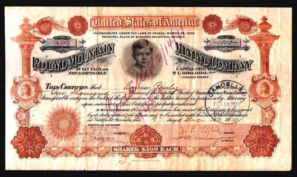 Goldfield Nevada 1911 - Round Mountain Mining Co - Certificado de stock EX RARO Foto 1 de 1