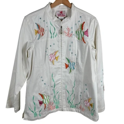 Quacker Factory Fish Women's Medium Embroidered Embellished Full Zip Coat Jacket - Image 1 of 4