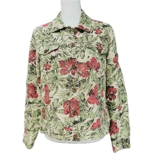 Charter Club Tropical Floral Linen Button Up Trucker Jacket Women M Red Green - Picture 1 of 13
