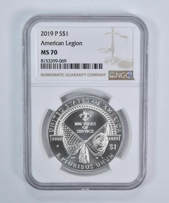 2019-P American Legion Commemorative Silver Dollar MS70 NGC Brown Label *9362 - Image 1 of 4