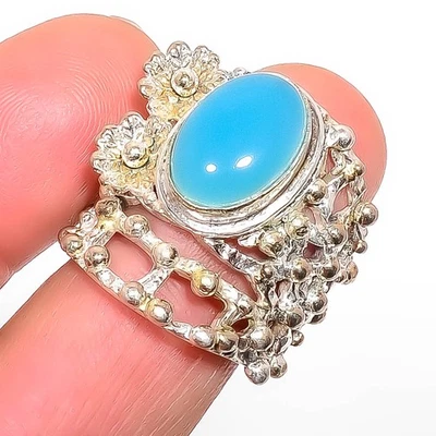 Anillo Joyería Plata Esterlina 925 Brasil Calcedonia Azul Aguamarina s.8 T32 Foto 1 de 4