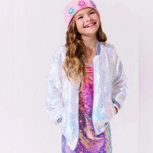 Lola + The Boys Bright Star Iridescent Sequin Bomber Jacket Girls Size 14 - Picture 1 of 12