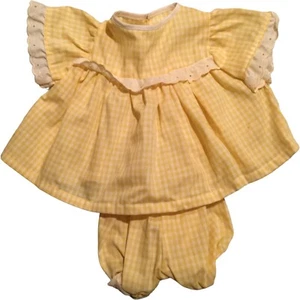 Doll Dress Yellow Plaid Handmade Eyelet Trim Lace Sleeves & Bloomers Vintage - Picture 1 of 9