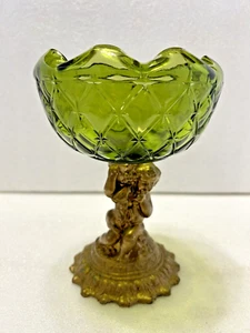 Vintage Scalloped Emerald Glass Cherub Dish Bowl Goblet - Picture 1 of 12