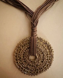 Teresa Shpnd Macrame Thread & Gold Color Metal Necklace with Round Pendant NEW - Picture 1 of 4