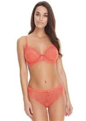 NWT Freya 32DDD USA Fancies Underwire Plunge Bra AA1011 Hot Coral Lace #94618 - Image 1 of 2