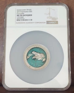 2019 NGC MS70 BARBADOS 3oz Silver $5 "CROCODILE" #177/999 Antiqued - Picture 1 of 3