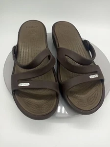 Crocs Patricia Womens Size 8 Brown Strappy Open Toe Wedge Sandals Slip On Slides - Picture 1 of 6