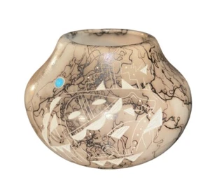 Horse Hair Navajo Pottery Vase Signed Gerie Vail 4” Turquoise Accent - Picture 1 of 10