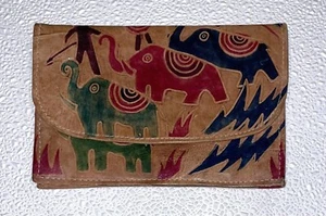 Leder Lammfell Vintage gestempelt Mammut primitives Design Geldbörse bunt EUC - Bild 1 von 5