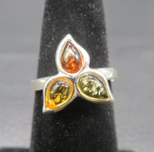 Genuine Baltic Mixed Amber Three Teardrop Ring Sterling Silver 925 Size 8 Adj. - Picture 1 of 6