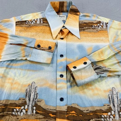 Camisa Daga Tejida Monzini DE COLECCIÓN Para Hombres M Azul Naranja Cactus Occidental Años 70 Novedad Foto 1 de 4
