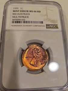 1999 Lincoln Memorial ERROR.  BROADSTUCK / MULTISTUCK. MS 66 RD  NGC - Picture 1 of 2