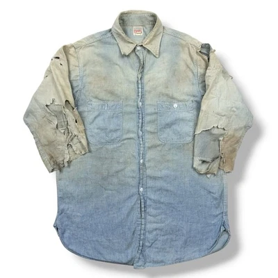 Vintage 40s Penneys Ox-Hide Chambray Work Shirt Sanforized Distressed Size Large - Image 1 of 4
